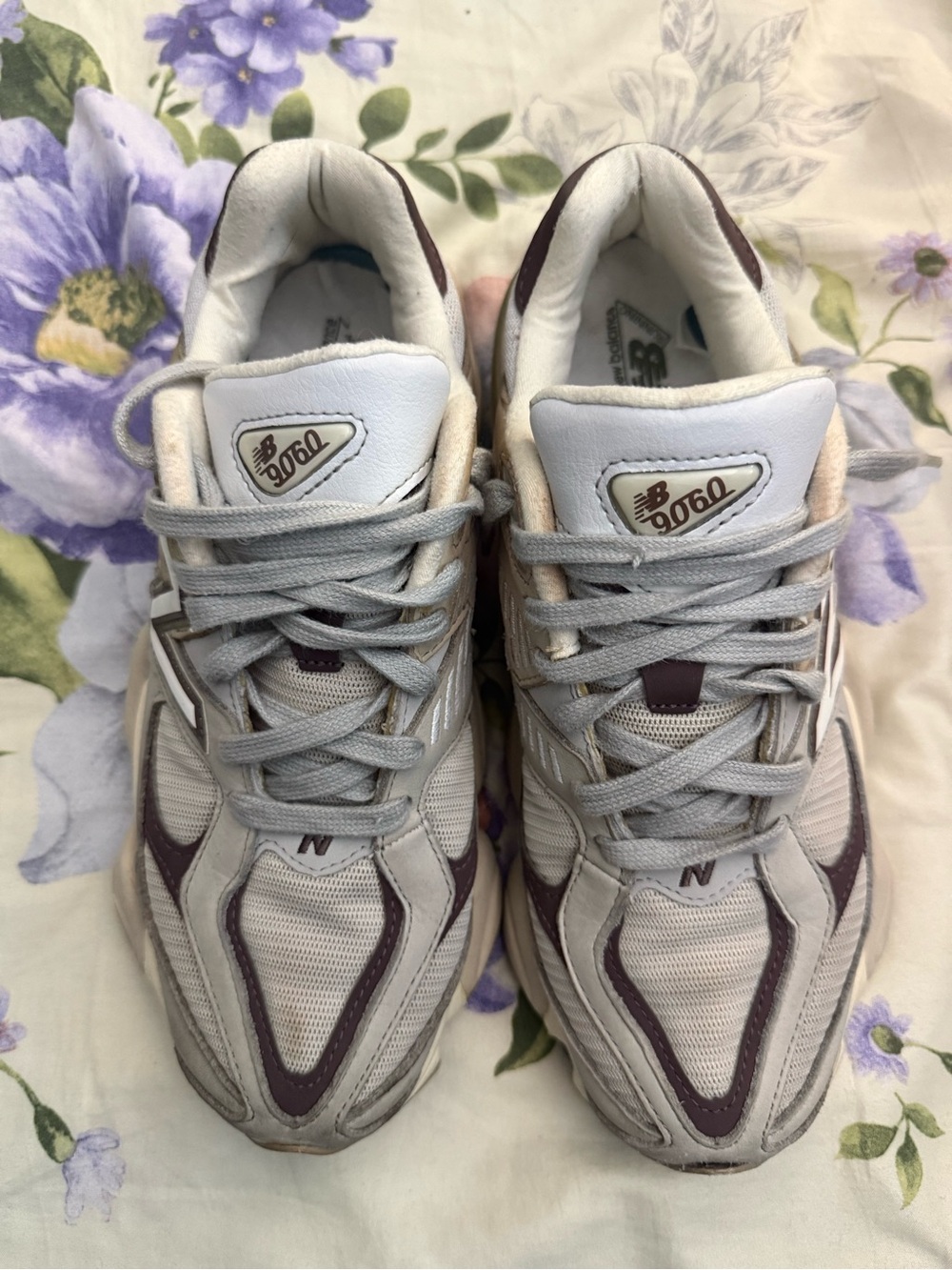 New Balance Women's Light Gray and Burgundy Running Sneakers